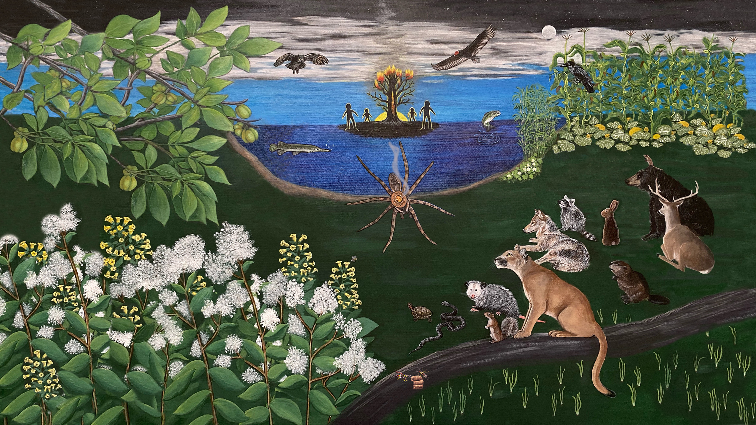 Painting depicting the Cherokee cosmos by Cherokee artist MaryBeth Timothy.